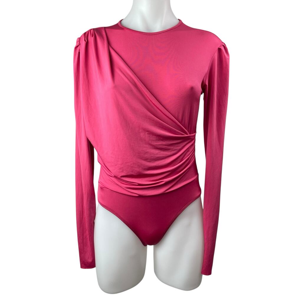 ZARA Pink Draped Long Sleeve Crew Neck Fitted Bodycon One Piece Bodysuit Top M